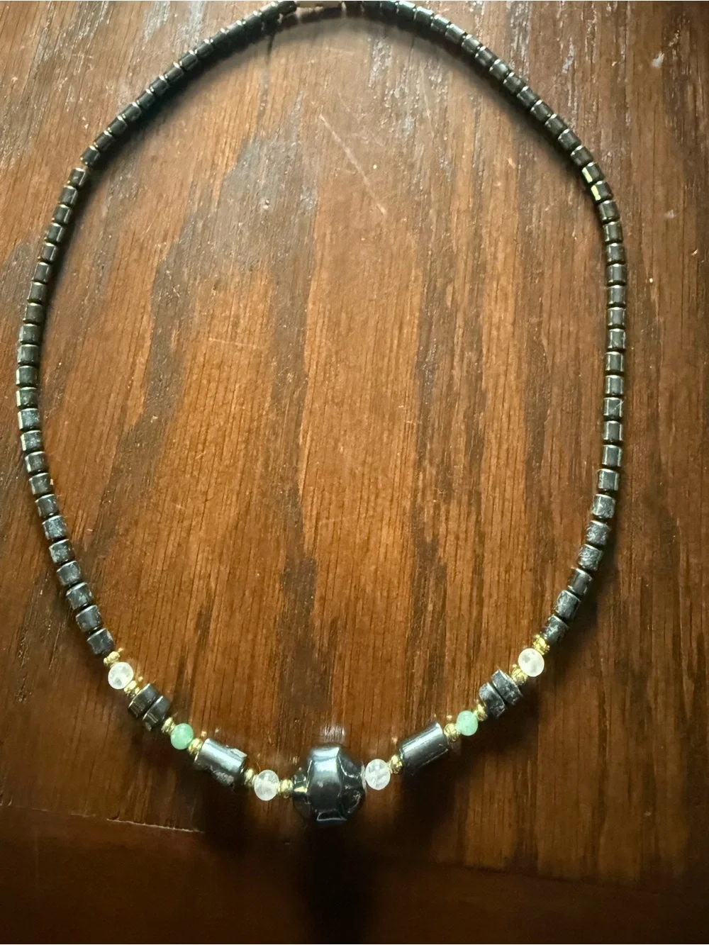 Vintage Black Hematite Bead Necklace with Gold Accents